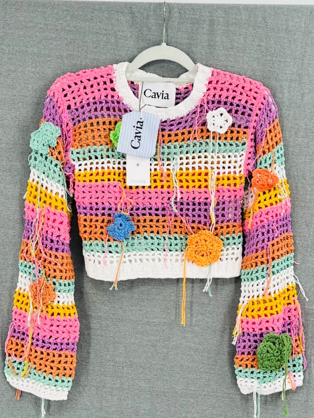 NWT Cavia Open Crochet Floral Embroidered Crop Top M Boho Upcycled Striped